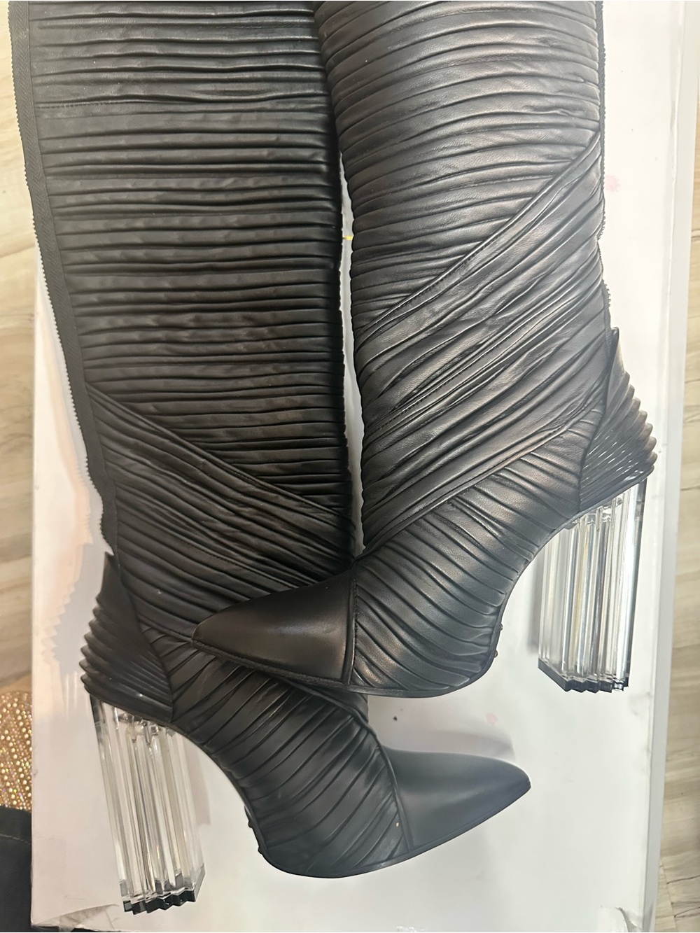 Balman Women's Black Ruched Knee-High Boots with Clear Block Heel Size 37